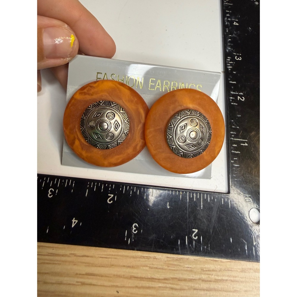 Vintage Amber Resin Silver Medallion Clip On Statement Earrings Made in Taiwan
